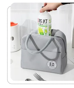 Detailed shot of a grey insulated lunch bag made of durable Oxford cloth with panda logo