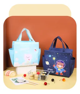 Detail of two cute space-themed insulated lunch bags with side pockets and utensils.