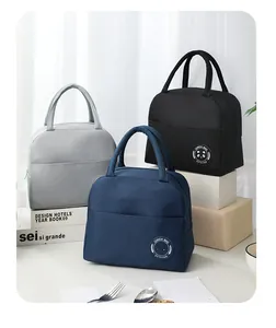 Detailed view of three insulated oxford cloth lunch bags in gray, black, and navy blue.