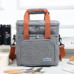 Zweistöckige isolierte graue Kühltasche mit orangefarbenen Trägern und Umhängegurt