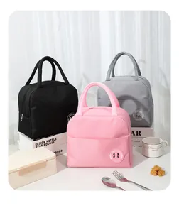 Detailed professional view of pink, grey, and black insulated Oxford cloth lunch bags