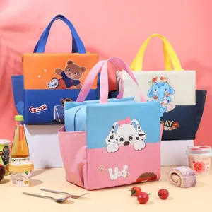 Borsa Termica Porta Pranzo a Cartoni Animati Quadrata in Tessuto Oxford con Blocchi di Colore Grande Capacità Doppie Tasche Laterali per Picnic Ufficio Scuola Contenitore Termico