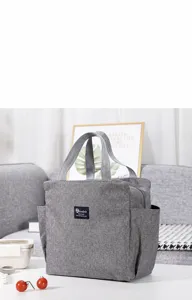 Vue détaillée du sac à lunch isotherme en tissu cationique gris épaissi pour bureau ou pique-nique