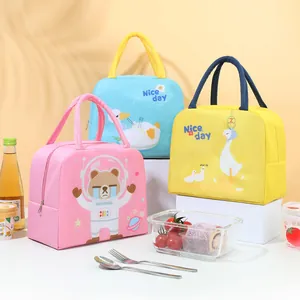 Portable insulated lunch bags with cute cartoon bear and duck prints for school