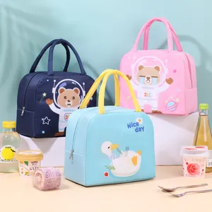 Portable insulated lunch bags featuring cute cartoon astronaut bear and duck prints