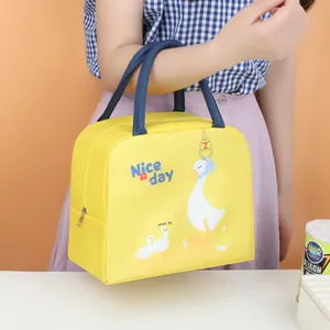 Yellow insulated lunch bag with cartoon duck print for students and office workers