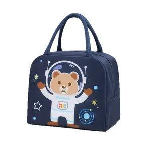 Portable insulated lunch bag with cartoon astronaut bear design for school and office