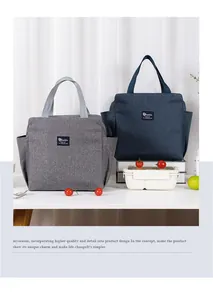 Primer plano de dos bolsas de almuerzo aisladas de Oxford en gris y azul marino.