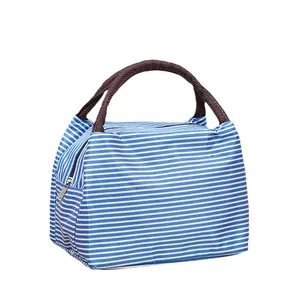 Portable blue and white striped insulated lunch bag with brown woven handles for bento storage