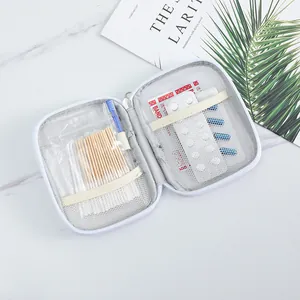 Close-up of the interior compartments of the portable travel first aid medicine storage bag