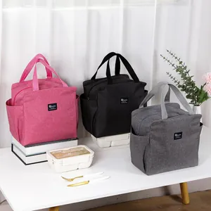 Bolsas de almuerzo térmicas de gran capacidad en rosa, negro y gris para ir a la oficina.