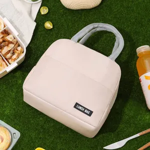 Minimalistische geïsoleerde beige lunchtas met grijs handvat en vakje op groen gras