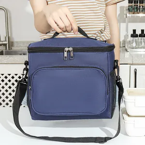 Large blue insulated lunch bag with adjustable shoulder strap and double zippers for picnic