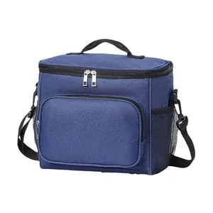 Large navy blue insulated lunch bag featuring shoulder strap and side mesh pockets.