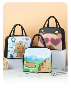 Collection of cartoon capybara insulated lunch bags with durable handles and foil lining