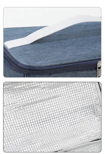 Close-up showing the durable blue woven fabric handle and thermal aluminum foil lining
