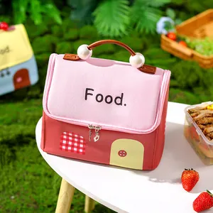 Cute house-shaped insulated lunch bag, portable pink meal tote for school and picnic
