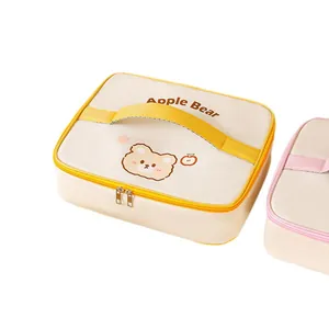Borsa termica quadrata con stampa orso e manico giallo portatile per studenti