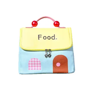 Cute house-shaped insulated lunch bag with "Food." print for kids' school and office