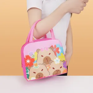 Cute pink cartoon capybara insulated lunch bag for school office with floral pattern