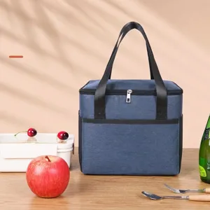 Minimalist insulated lunch bag for school or office, dark blue portable bento tote