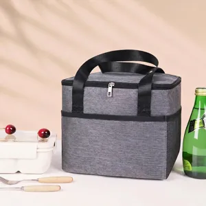 Large gray insulated lunch bag made of waterproof Oxford fabric for picnics, school and work