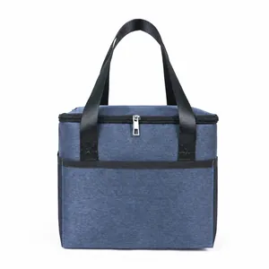 Blue minimalist insulated lunch bag with portable handles and zipper closure for meals