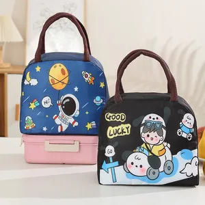 Close-up of cute cartoon insulated lunch bags with space astronaut and boy patterns
