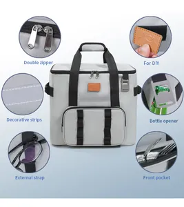 Detailfunktionen der großen grauen Kühltasche mit Flaschenöffner und DIY-Patch