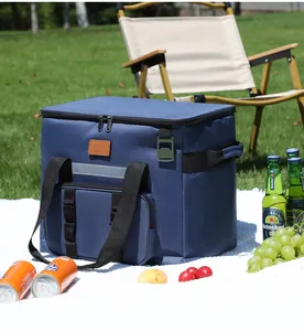 Detailansicht einer großen blauen isolierten Picknicktasche für Camping im Freien