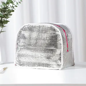 Sac à déjeuner isotherme en aluminium argenté avec fermeture éclair rose pour le bureau