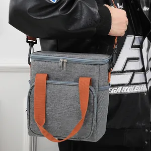 Large capacity gray picnic lunch bag with orange handles for outdoor camping food storage