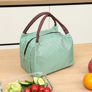 Borsa termica a righe bianche e verdi per pasti portatili in ufficio e a scuola