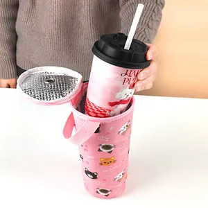 Funda térmica rosa portátil con dibujos de gatos para tazas de café de viaje