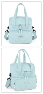 Detailansicht einer hellblauen gesteppten zweilagigen isolierten Kühltasche mit Riemen