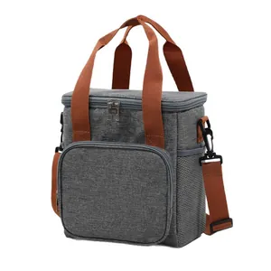 Large capacity insulated picnic bag in gray with brown handles for outdoor camping