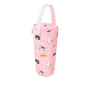 Funda térmica rosa para taza con gatos de dibujos, cremallera y asa