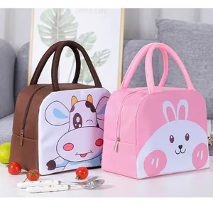 Two portable insulated lunch bags with cute cartoon cow and rabbit designs for daily use