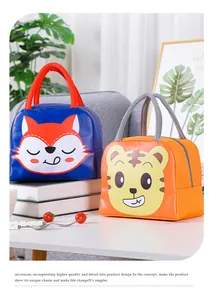 Two cute animal-themed insulated lunch bags featuring fox and tiger cartoon designs