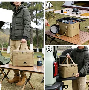 Large capacity tactical camping storage bag shown in outdoor and car trunk scenarios.
