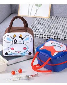 Detailed view of insulated lunch bags with cute cartoon cow and fox animal patterns.