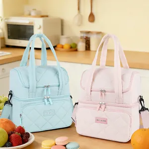 Isolierte zweilagige Lunchtasche in Blau und Rosa mit Steppmuster für Büro und Reisen
