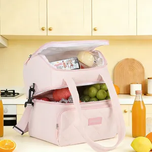 Tragbare, doppellagige, isolierte rosa Lunchtasche mit verstellbarem Gurt für Büro