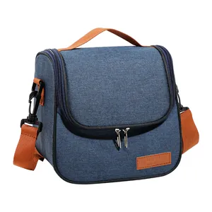 Sac à lunch isotherme en tissu cationique bleu avec bandoulière réglable orange vif