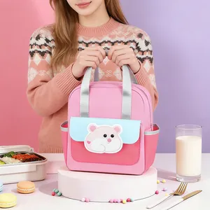 Cute pink cartoon insulated lunch bag with hamster design for students and office
