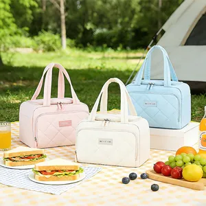 Doorgestikte Geïsoleerde Lunchtas Grote Capaciteit Thermische Draagbare Gepofte Handheld Bento Pouch Voor Vrouwen Meisjes Werk School