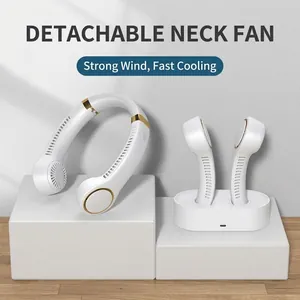 Detachable portable bladeless neck fan with white charging base and gold accents
