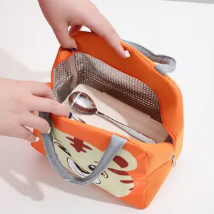 Portable orange insulated lunch bag with cartoon tiger design and aluminum foil lining