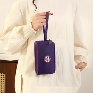 Pochette compacte violette à 3 couches en tissu avec dragonne pour smartphone 7 pouces.