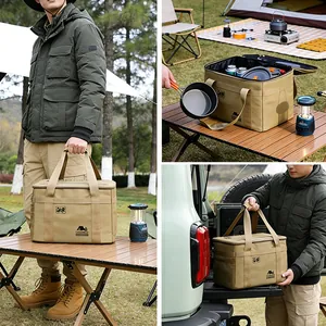 Large capacity khaki tactical camping storage bag for outdoor gear and cookware.